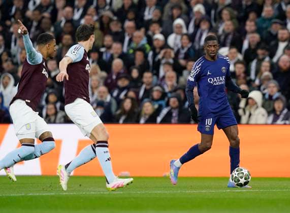 Birmingham, England, 15th April 2025. Ousmane Dembele of Paris St Germain breaks into space during the Aston Villa vs Paris Saint Germain Quarter Final 2nd Leg UEFA Champions League match at Villa Park, Birmingham. Picture credit should read: Andrew Yates Sportimage EDITORIAL USE ONLY. No use with unauthorised audio, video, data, fixture lists, club league logos or live services. Online in-match use limited to 120 images, no video emulation. No use in betting, games or single club league player publications. SPI_034_AY_Villa_PSG SPI-3842-0034