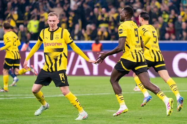 2025-04-15 Borussia Dortmund v FC Barcelona, Barca - UEFA Champions League 2024 25 Quarter Final Second Leg DORTMUND, GERMANY - APRIL 15: Serhou Guirassy of Borussia Dortmund celebrates after scoring the team s first goal with Maximilian Beier of Borussia Dortmund during the UEFA Champions League 2024 25 Quarter Final Second Leg match between Borussia Dortmund and FC Barcelona at BVB Stadion Dortmund on April 15, 2025 in Dortmund, Germany. Dortmund BVB Stadion Dortmund Germany Content not available for redistribution in The Netherlands directly or indirectly through any third parties. Copyright: xJorisxVerwijstx