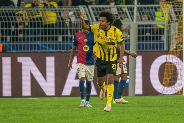 Karim Adeyemi (Borussia Dortmund 09, 27) jubelt nach dem 1:0 durch Serhou Yadaly Guirassy (Borussia Dortmund 09, 09), GER BVB Borussia Dortmund 09 vs. FC Barcelona, Barca Fussball, Champions League, Viertelfinale, Saison 2024 2025, 15.04.2025 GER BVB Borussia Dortmund 09 vs. FC Barcelona, Fussball, Champions League, Viertelfinale, Saison 2024 2025, 15.04.2025 Dortmund Copyright: xEibner-Pressefoto FabianxFriesex EP_FFE