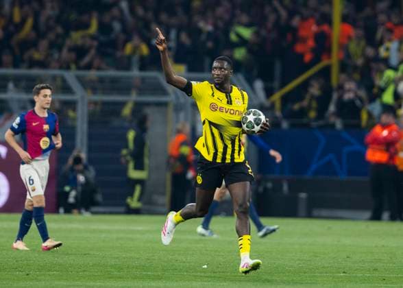 Signal-Iduna-Park, Dortmund, 15.04.2025: Serhou Guirassy of Dortmund celebrates scoring the 1:0 goal during the Championsleague Borussia Dortmund vs. FC Barcelona, Barca