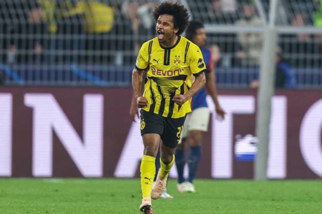 Fußball Champions League Viertelfinale Borussia Dortmund - FC Barcelona, Barca am 15.04.2025 im Signal Iduna Park in Dortmund Torjubel zum 1:0 durch Serhou Guirassy ( Dortmund )