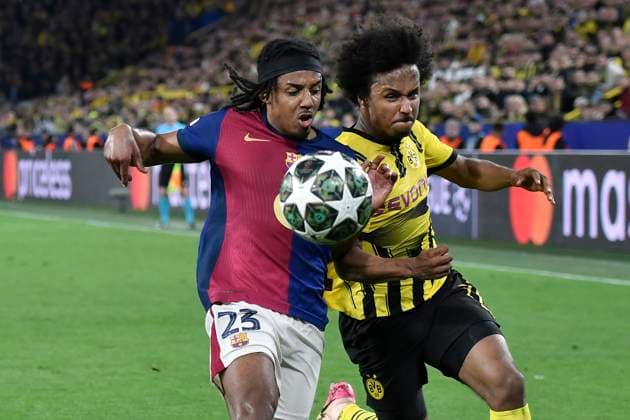v. li. im Zweikampf Jules Kounde (Barcelona 23) Karim Adeyemi (Dortmund 27) 15.04.2025 Fussball, Champions League, Borussia Dortmund vs FC Barcelona, Barca Signal Iduna Park, Dortmund,
