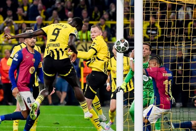 Serhou Guirassy (Borussia Dortmund) scores his team s second goal during the UEFA Champions League 2024 25 Quarter Final Second Leg match between Borussia Dortmund and FC Barcelona, Barca at BVB Stadion Dortmund on April 15, 2025 in Dortmund, Germany. (Photo by Max Maiwald DeFodi Images)