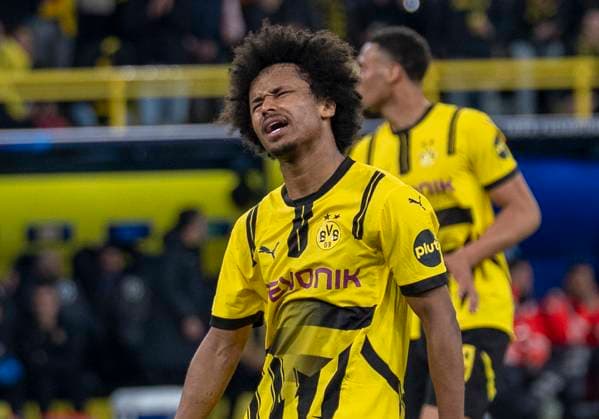 Karim Adeyemi (Borussia Dortmund, 27) enttäuscht Borussia Dortmund vs. FC Barcelona, Barca Fussball, UEFA Champions League Viertelfinale Rückspiel, Saison 2024 2025, 15.04.2025 DFL regulations prohibit any use of photographs as image sequences and or quasi-video. Copyright: HMBxMedia xMarcoxBader