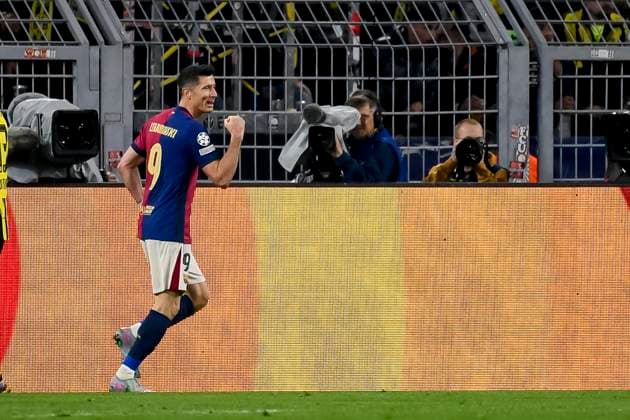 Robert Lewandowski FC Barcelona, Barca celebrates after scoring his team s first goal during the UEFA Champions League 2024 25 Quarter Final Second Leg match between Borussia Dortmund and FC Barcelona at BVB Stadion Dortmund on April 15, 2025 in Dortmund, Germany. (Photo by Max Maiwald DeFodi Images)