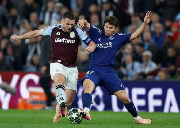 Aston Villa FC v Paris Saint-Germain - UEFA Champions League 2024 25 Quarter Final Second Leg John McGinn of Aston Villa and Joao Neves of Paris Saint-Germain challenge during the UEFA Champions League 2024 25 Quarter Final Second Leg match between Aston Villa FC and Paris Saint-Germain at Villa Park on April 15, 2025 in Birmingham, England. Birmingham Villa Park England United Kingdom Copyright: xNigelxFrench Sportsphoto APLx 14125581