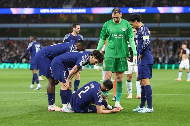 Aston Villa v PSG 15 April 2025, Aston - Champions League Football, Quarter-Final, Second Leg - Aston Villa v Paris Saint-Germain - Achraf Hakimi of PSG goes down injured - Photo: Charlotte Wilson Offside. Aston UK Copyright: xCharlottexWilsonx xOffsidexOffside