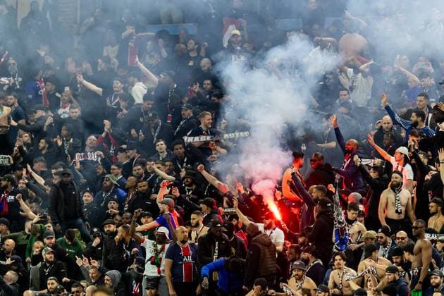 Aston Villa v Paris Saint-Germain Champions League 15 04 2025. Quarter Final leg 2 of 2 PSG fans celebrate with flares after the Champions League quarter final second leg match between Aston Villa and Paris Saint-Germain at Villa Park, Birmingham, England on 15 April 2025. Birmingham Villa Park West Midlands England Editorial use only , Copyright: xManjitxNarotrax PSI-21853-0062
