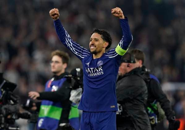 Birmingham, England, 15th April 2025. Marquinhos of Paris St Germain celebrates the win during the Aston Villa vs Paris Saint Germain Quarter Final 2nd Leg UEFA Champions League match at Villa Park, Birmingham. Picture credit should read: Andrew Yates Sportimage EDITORIAL USE ONLY. No use with unauthorised audio, video, data, fixture lists, club league logos or live services. Online in-match use limited to 120 images, no video emulation. No use in betting, games or single club league player publications. SPI_108_AY_Villa_PSG SPI-3842-0106