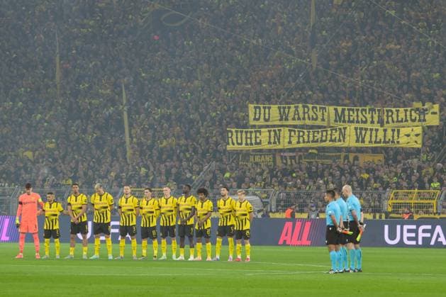 Fußball, Championsleague, 20250415, BV Borussia Dortmund - FC Barcelona, Barca Im Bild Gedenken an Wilhelm BURKSMÜLLER. Dortmund Signal Iduna Park Nordrhein-Westfalen Deutschland Copyright: Passion2Press MarkusxFischerx