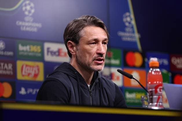 15.04.2025, Fußball, UEFA Champions League, Borussia Dortmund - FC Barcelona, Barca BVB Stadion, Viertelfinale, Saison 2024 2025: Die Trainer bei der Pressekonferenz nach dem Spiel. Trainer Niko Kovac (Cheftrainer BVB) Regulations prohibit any use of photographs as image sequences and or quasi-video. Nordrhein-Westfalen Deutschland