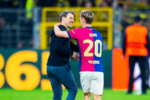 15.04.2025 - Fußball, 2024 2025, UEFA Champions League, Viertelfinale, Borussia Dortmund - FC Barcelona, Barca (L-R) Niko Kovac (Trainer - Dortmund), Dani Olmo (Barcelona) Dortmund Nordrhein-Westfalen Deutschland Signal Iduna Park