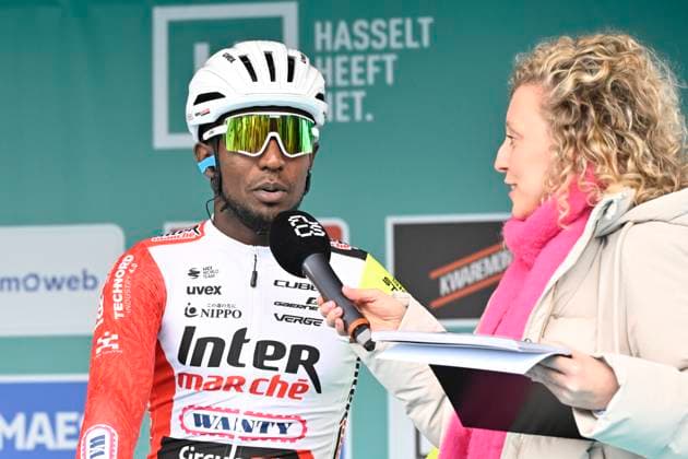 Ronde van Limburg 2025 - Men Elite TONGEREN, BELGIUM - APRIL 16 : Girmay Biniam (ERI) of Intermarche - Wanty pictured during the 77th edition of the Ronde van Limburg, an UCI Individual Road cycling, Rad, Radsport, Strasse race with start in Hasselt and finish in Tongeren after 178,6 km, organized by Flanders Classics on April 16, 2025 in Tongeren, Belgium, 16 04 2025 ( Motor driver Verfaillie Kenny (BEL) - Tongeren Belgium Copyright: xJanxDexMeuleneirx
