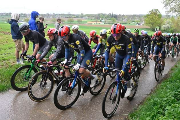 Ronde van Limburg 2025 - Men Elite TONGEREN, BELGIUM - APRIL 16 : Withen Philipsen Albert (DEN) of Lidl - Trek, SkujiFa Toms (LAT) of Lidl - Trek pictured during the 77th edition of the Ronde van Limburg, an UCI Individual Road cycling, Rad, Radsport, Strasse race with start in Hasselt and finish in Tongeren after 178,6 km, organized by Flanders Classics on April 16, 2025 in Tongeren, Belgium, 16 04 2025 ( Motor driver Verfaillie Kenny (BEL) - Tongeren Belgium Copyright: xJanxDexMeuleneirx