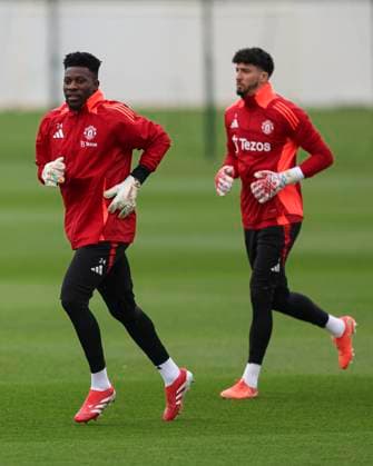 Manchester United, ManU FC Training AndrÃ Onana of Manchester United (L) during the Manchester United FC Training ahead of the Europa League Quarter-Final 2nd leg, at Carrington Training Centre, Manchester, England, United Kingdom on 16 April 2025 Credit: Jake Kirkman Every Second Media Editorial use only. All images are copyright Every Second Media Limited. No images may be reproduced without prior permission. Copyright: xIMAGO EveryxSecondxMediax ESM-1422-0001 JakexKirkmanx xEveryxSecondxMediax