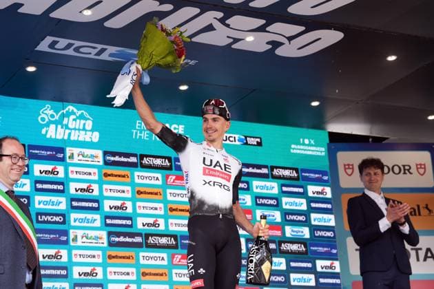 Alves Oliveira Ivo Emanuel Of Uae Team Emirates Xrg winner of the stage on the podium during the Giro d™Abruzzo, stage from Tocco da Casauria to Penne (138 km) - Abruzzo, Italy- Wednesday, April 16, 2025. - cycling .  Copyright: xMassimoxPaolone LaPressex