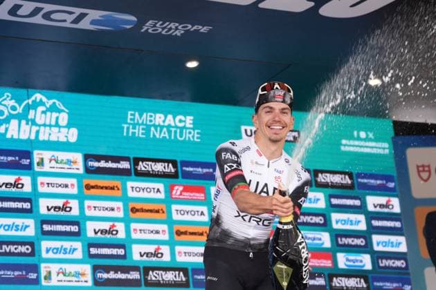 Alves Oliveira Ivo Emanuel Of Uae Team Emirates Xrg winner of the stage on the podium during the Giro d™Abruzzo, stage from Tocco da Casauria to Penne (138 km) - Abruzzo, Italy- Wednesday, April 16, 2025. - cycling .  Copyright: xMassimoxPaolone LaPressex