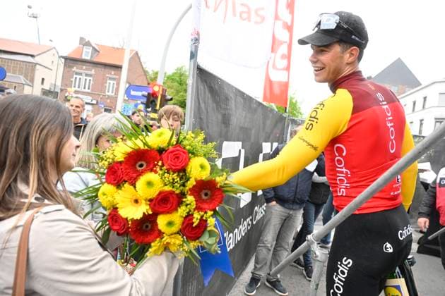 Ronde van Limburg 2025 - Men Elite TONGEREN, BELGIUM - APRIL 16 : Fretin Milan (BEL) of Cofidis pictured during the podium ceremony of the 77th edition of the Ronde van Limburg, an UCI Individual Road cycling, Rad, Radsport, Strasse race with start in Hasselt and finish in Tongeren after 178,6 km, organized by Flanders Classics on April 16, 2025 in Tongeren, Belgium, 16 04 2025 ( Motor driver Verfaillie Kenny (BEL) - Tongeren Belgium Copyright: xJanxDexMeuleneirx