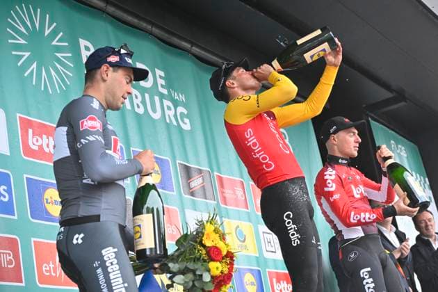 Ronde van Limburg 2025 - Men Elite TONGEREN, BELGIUM - APRIL 16 : Dehairs Simon (BEL) of Alpecin-Deceuninck, Fretin Milan (BEL) of Cofidis and Menten Milan (BEL) of Lotto Cycling Team pictured during the podium ceremony of the 77th edition of the Ronde van Limburg, an UCI Individual Road cycling, Rad, Radsport, Strasse race with start in Hasselt and finish in Tongeren after 178,6 km, organized by Flanders Classics on April 16, 2025 in Tongeren, Belgium, 16 04 2025 ( Motor driver Verfaillie Kenny (BEL) - Tongeren Belgium Copyright: xJanxDexMeuleneirx