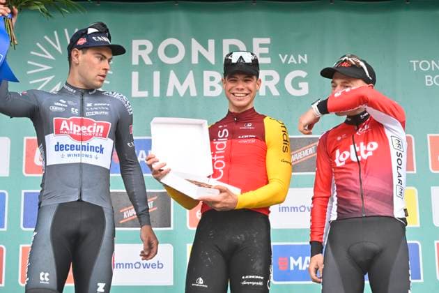Ronde van Limburg 2025 - Men Elite TONGEREN, BELGIUM - APRIL 16 : Dehairs Simon (BEL) of Alpecin-Deceuninck, Fretin Milan (BEL) of Cofidis and Menten Milan (BEL) of Lotto Cycling Team pictured during the podium ceremony of the 77th edition of the Ronde van Limburg, an UCI Individual Road cycling, Rad, Radsport, Strasse race with start in Hasselt and finish in Tongeren after 178,6 km, organized by Flanders Classics on April 16, 2025 in Tongeren, Belgium, 16 04 2025 ( Motor driver Verfaillie Kenny (BEL) - Tongeren Belgium Copyright: xJanxDexMeuleneirx