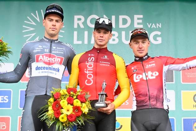 Ronde van Limburg 2025 - Men Elite TONGEREN, BELGIUM - APRIL 16 : Dehairs Simon (BEL) of Alpecin-Deceuninck, Fretin Milan (BEL) of Cofidis and Menten Milan (BEL) of Lotto Cycling Team pictured during the podium ceremony of the 77th edition of the Ronde van Limburg, an UCI Individual Road cycling, Rad, Radsport, Strasse race with start in Hasselt and finish in Tongeren after 178,6 km, organized by Flanders Classics on April 16, 2025 in Tongeren, Belgium, 16 04 2025 ( Motor driver Verfaillie Kenny (BEL) - Tongeren Belgium Copyright: xJanxDexMeuleneirx