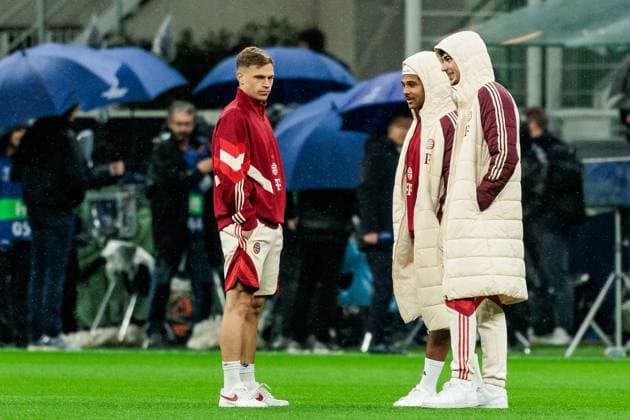 UEFA Champions League Viertelfinale: Inter Mailand - FC Bayern München; 16.04.2025 Platzbegehung Joshua Kimmich (FC Bayern München, 6), Serge Gnabry (FC Bayern München, 7) UEFA Champions League Viertelfinale Rückspiel: Inter Mailand - FC Bayern München, Mailand, San Siro am 16.04.2025 Copyright: xBEAUTIFULxSPORTS Wunderlx