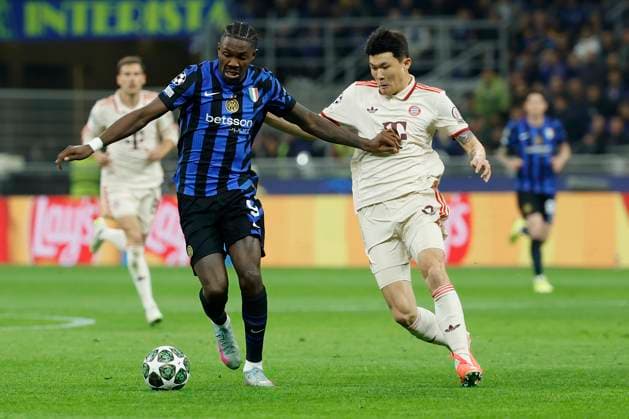 v.l. Marcus Thuram (Inter Mailand, 9) und Min-jae Kim (FC Bayern Muenchen, 3), 16.04.2025, Fussball, UEFA Champions League, Viertelfinale Rueckspiel, Inter Mailand - Bayern Muenchen, ITA, Mailand, San Siro. Copyright: HMBxMedia xHeikoxBecker