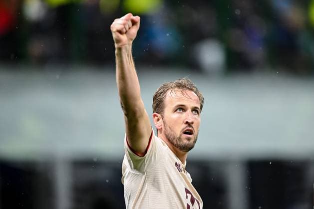 Harry Kane (FC Bayern Muenchen) celebrates after scoring his team s first goal during the UEFA Champions League 2024 25 Quarter Final Second Leg match between FC Internazionale Milano and FC Bayern München at San Siro on April 16, 2025 in Milan, Italy. (Photo by Harry Langer DeFodi Images)