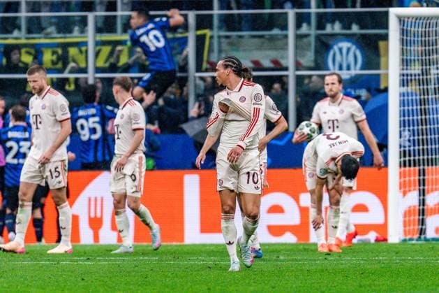 16.04.2025, Inter Mailand vs. FC Bayern München, UEFA Champions League, Viertelfinale-Rückspiel Tor zum 1:1 durch Lautaro Martinez (Inter Mailand, 10) hier Leroy Sane (FC Bayern Muenchen, 10) unzufrieden traurig unglücklich Copyright: xBahhoxKarax
