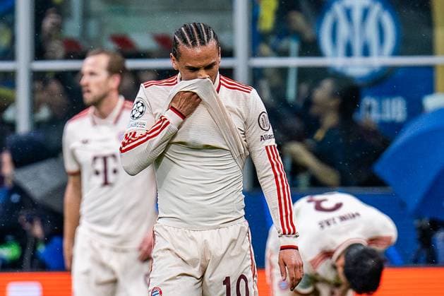 16.04.2025, Inter Mailand vs. FC Bayern München, UEFA Champions League, Viertelfinale-Rückspiel Tor zum 1:1 durch Lautaro Martinez (Inter Mailand, 10) hier Leroy Sane (FC Bayern Muenchen, 10) unzufrieden traurig unglücklich Copyright: xBahhoxKarax