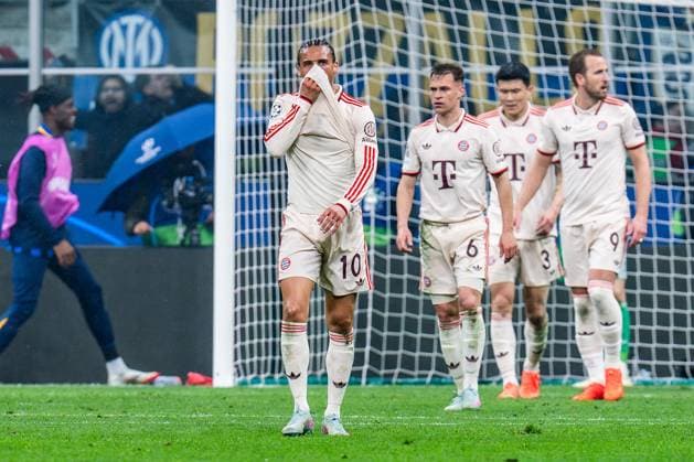 16.04.2025, Inter Mailand vs. FC Bayern München, UEFA Champions League, Viertelfinale-Rückspiel Tor zum 2:1 durch Benjamin Pavard (Inter Mailand, 28) hier Leroy Sane (FC Bayern Muenchen, 10) unzufrieden traurig unglücklich Joshua Kimmich (FC Bayern Muenchen, 6) Minjae Kim (FC Bayern Muenchen, 3) Harry Kane (FC Bayern Muenchen, 9) Copyright: xBahhoxKarax