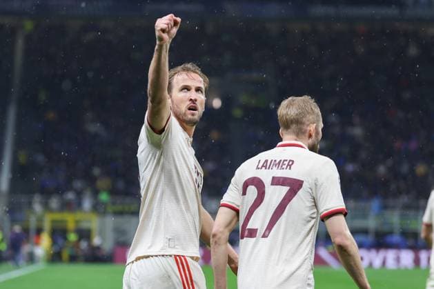Torjubel, jubelt nach seinem Treffer zum 1:0 von Harry Kane (FC Bayern Muenchen), Inter Mailand vs. FC Bayern Muenchen, Fussball, Champions League, Viertelfinale, Rueckspiel, 16.04.2025