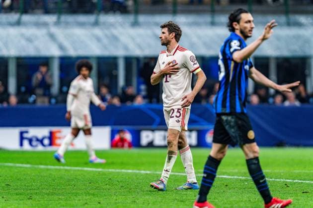16.04.2025, Inter Mailand vs. FC Bayern München, UEFA Champions League, Viertelfinale-Rückspiel Thomas Müller (FC Bayern Muenchen, 25) unzufrieden unglücklich genervt sauer traurig Mimik Gestik Copyright: xBahhoxKarax