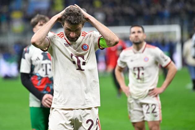 Mailand, Stadio Giuseppe Meazza, 16.04.25, ITA, Herren, UEFA Champions League, Saison 2024-2025, Viertelfinale, Inter Mailand - FC Bayern Muenchen Bild: Thomas MUELLER (Muenchen) UEFA regulations prohibit any use of photographs as image sequences and or quasi-video. Lombardei Italien
