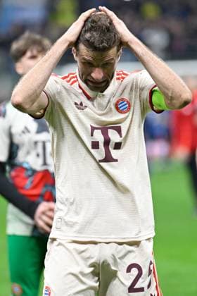 Mailand, Stadio Giuseppe Meazza, 16.04.25, ITA, Herren, UEFA Champions League, Saison 2024-2025, Viertelfinale, Inter Mailand - FC Bayern Muenchen Bild: Thomas MUELLER (Muenchen) UEFA regulations prohibit any use of photographs as image sequences and or quasi-video. Lombardei Italien