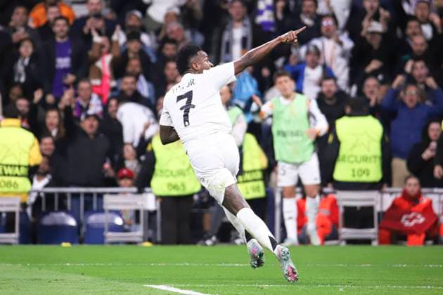 UEFA Champions League soccer match Real Madrid vs Arsenal at Santiago Bernabeu stadium in Madrid. Spain 16 April 2025 Vinicius Jr celebrates a goal 900 Cordon Press  900 CordonxPress LOF - Real Madrid vs Arsenal