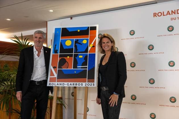 Paris 17.04.2025 Pressekonferenz French Open 2025 Roland-Garros v.l., Gilles Moretton und Amelie Mauresmo, Plakat Roland Garros 2025 Copyright: HMBxMedia AntonioxBorga