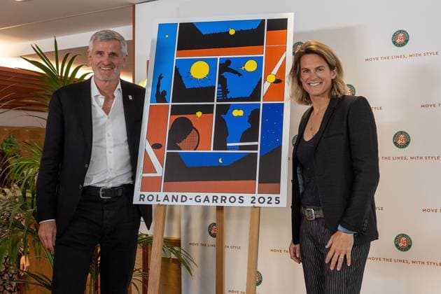 Paris 17.04.2025 Pressekonferenz French Open 2025 Roland-Garros v.l., Gilles Moretton und Amelie Mauresmo, Plakat Roland Garros 2025 Copyright: HMBxMedia AntonioxBorga