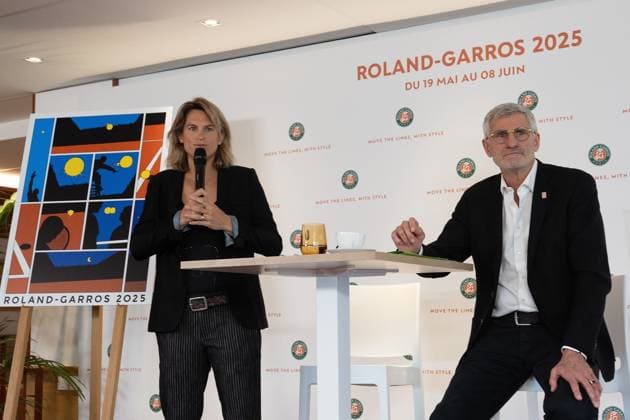Paris 17.04.2025 Pressekonferenz French Open 2025 Roland-Garros v.l., Amelie Mauresmo und Gilles Moretton im Gespräch mit den Journalisten, Roland Garros 2025 Copyright: HMBxMedia AntonioxBorga