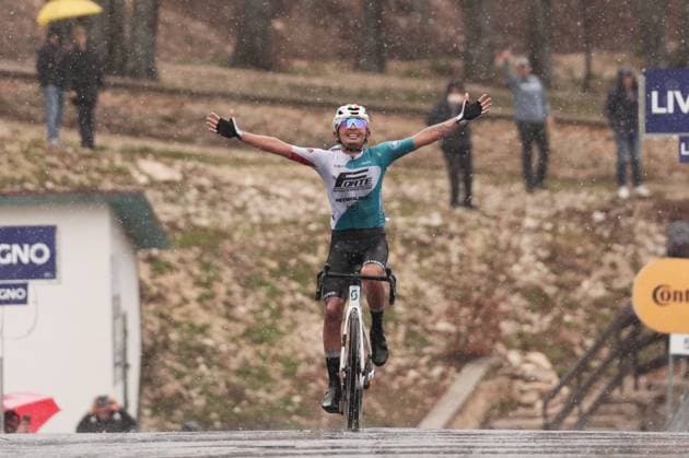 CALLEJAS SANTOS Edison Alejandro stage winner during the Giro d™Abruzzo, stage 3 from San Demetrio ne Vestini to Roccaraso (Aremogna) (160 km) - Abruzzo - Thursday, April 17, 2025. - cycling .  Copyright: xMassimoxPaolone LaPressex
