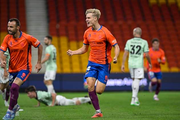 17h April 2025; Suncorp Stadium, Brisbane, Queensland, Australia: A League Football, Brisbane Roar versus Western United; Sam Klein of Brisbane Roar celebrates after scoring in the 2nd minute to make it 1-0  ActionPlus12775379 NigelxOwen Content restricted for UK based newspaper