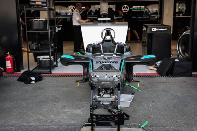 F1 - SAUDI ARABIAN GRAND PRIX 2025 Mercedes AMG F1 Team W16, mechanical detail, chassis, monocoque during the Formula 1 STC Saudi Arabian Grand Prix 2025, 5th round of the 2025 FIA Formula One World Championship, WM, Weltmeisterschaft from April 18 to 20, 2025 on the Jeddah Corniche Circuit, in Jeddah, Saudi Arabia - JeddahSaudi Arabia  Copyright: xANTONINxVINCENTx