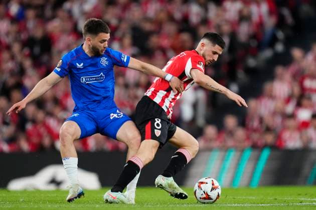 Athletic Club v Rangers FC - UEFA Europa League 2024 25 Quarter Final Second Leg Nicolas Raskin central midfield of Rangers FC and Belgium and Oihan Sancet attacking midfield of Athletic Club and Spain compete for the ball during the UEFA Europa League 2024 25 Quarter Final Second Leg match between Athletic Club and Rangers FC at Estadio de San Mames on April 17, 2025 in Bilbao, Spain. Bilbao Spain  Copyright: xJosexBretonx originalFilename:bretonhernandez-athletic250417_npz1E.jpg