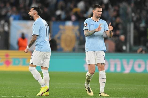 Foto IPP Roberto Ramaccia Roma 17 4 2025 Calcio Europa League - Quarti partita di ritorno 2024 2025 Lazio vs Bodo Glimt Nella foto Valentin Castellanos esulta dopo aver segnato il gol del 1-0 con Alessio Romagnoli Italy Photo Press - World Copyright Roma italy Italia ITALY  Copyright: xR4924_italyphotopressx