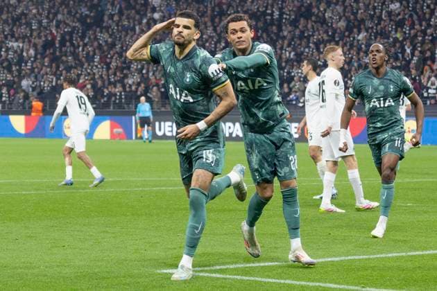 UEFA Europa League: Eintracht Frankfurt - Tottenham Hotspur, 17.04.2025 Dominic Solanke (Tottenham Hotspur 19) bejubelt seinen Treffer sein Tor zum 0:1, Eintracht Frankfurt - Tottenham Hotspur, Frankfurt, Deutsche Bank Park, 17.4.2025 Copyright: xBEAUTIFULxSPORTS Gawlikx