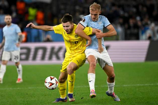 Fredrik Andre Bjerkan of Bodo Glimt and Gustav Isaksen of SS Lazio during the Europa League football match between SS Lazio and Bodo Glimt at Olimpico stadium in Rome (Italy), April 17, 2025. AndreaxStaccioli