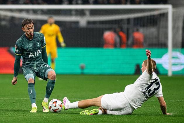 FRANKFURT, GERMANY - 17 APRIL, 2025: James Maddison - The UEFA Europa League football match between Eintracht Frankfurt vs Tottenham Hotspur F.C. at Deutsche Bank Park.  Copyright: xVitaliixKliuievx