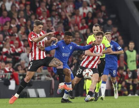 Hamza Igamane of Rangers during the UEFA Europa League Quarter-Final Second Leg match at Estadio de San Mames, Bilbao. Athletic Bilbao v Rangers, UEFA Europa League, Quarter Final, First Leg, Football, Estadio de San Mams, Bilbao, Spain - 17 Apr 2025 EDITORIAL USE ONLY No use with unauthorised audio, video, data, fixture lists, club league logos or live services. Online in-match use limited to 120 images, no video emulation. No use in betting, games or single club league player publications. Copyright: xNickerson RangersxF Shutterstockx 15256553bd