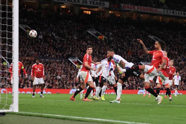 Manchester United, ManU v Olympique Lyonnais 17 April 2025 - UEFA Europa League - Quarter Final (2nd Leg) - Manchester United v Olympique Lyonnais - Corentin Tolisso of Olympique Lyonnais heads a goal (2-1) - Photo: Simon Stacpoole Offside. Manchester UK Copyright: xSimonxStacpoolexOffside