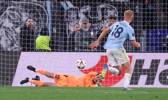 April 17, 2025, Roma, Lazio, ITALY: 17 04 2025 Rome, Stadio Olimpico, football match valid for UEFA Europa League 2024 24 between SS Lazio vs SSC vs FC Bodo Glimt.In photo: Nikita Khaikin of FK Bodo Glimt - Gustav Isaksen of SS Lazio Roma ITALY - ZUMAs236 20250417_aap_s236_162 Copyright: xFabioxSassox